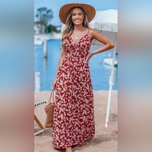 Cupshe Red Floral Maxi Dress with Spaghetti Straps